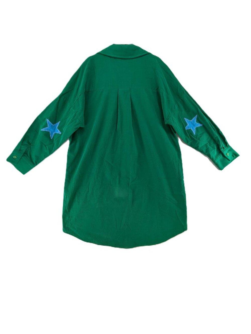 Caryn Lawn Corduroy Shirt Dress Emerald Green Pockets Blue Star Patches One Size